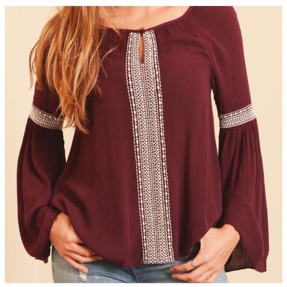 Patrons of Peace Burgundy Blouse with White Accents